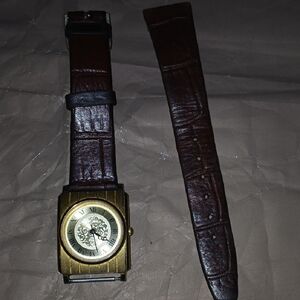 Vintage Moulin Brown Leather Strap Watch with Gold-Tone Case